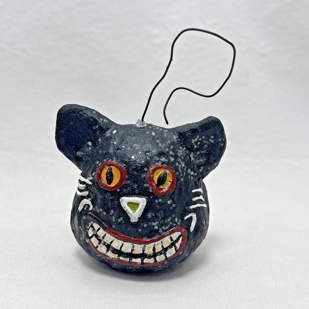 Dept 56 Halloween Paper Mache Black Cat Smiling Head Sparkle Vintage